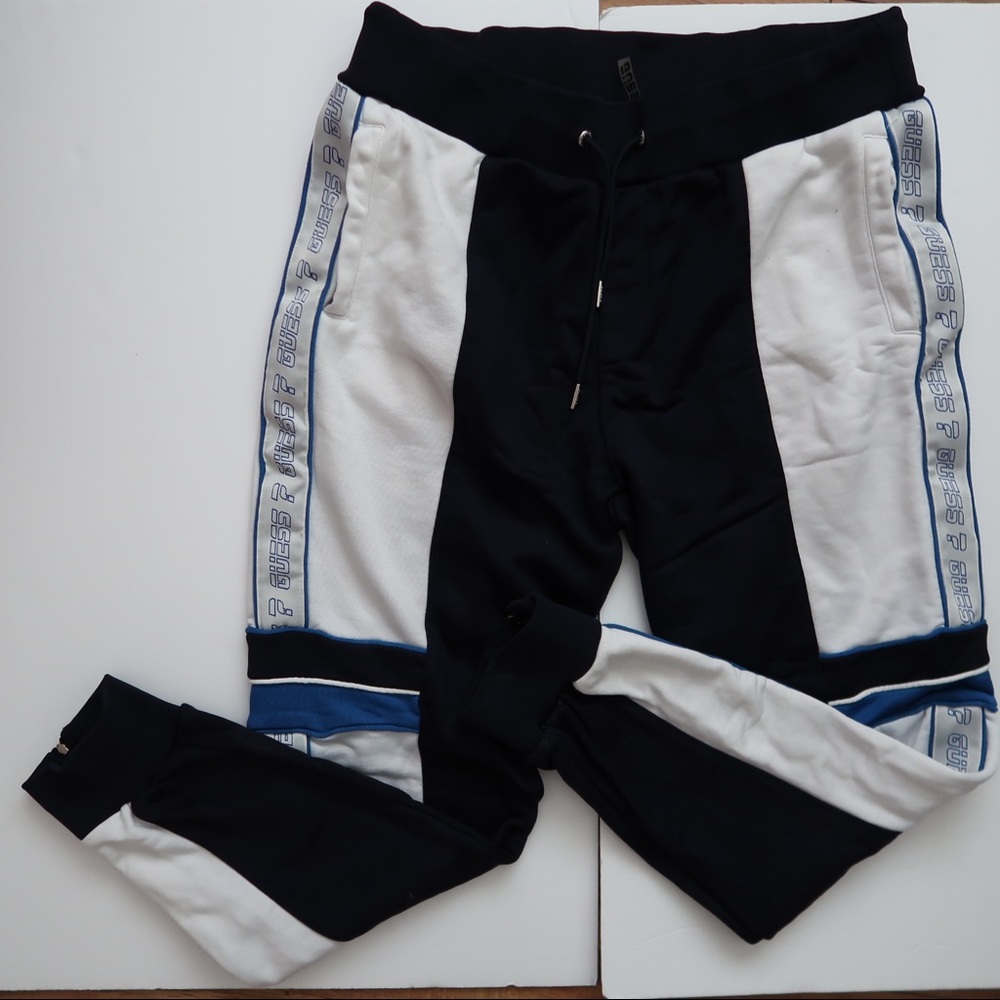 Guess Men’s Logo Jogger Sweatpants White With Black & Blue Stripe Size Large